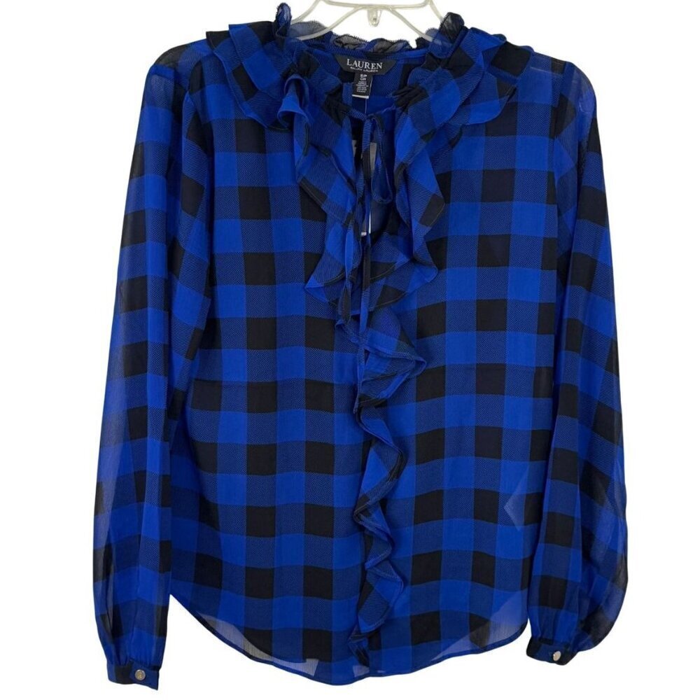 Lauren Ralph Lauren NEW Blue Black Buffalo Check Ruffled Georgette Blouse Small
